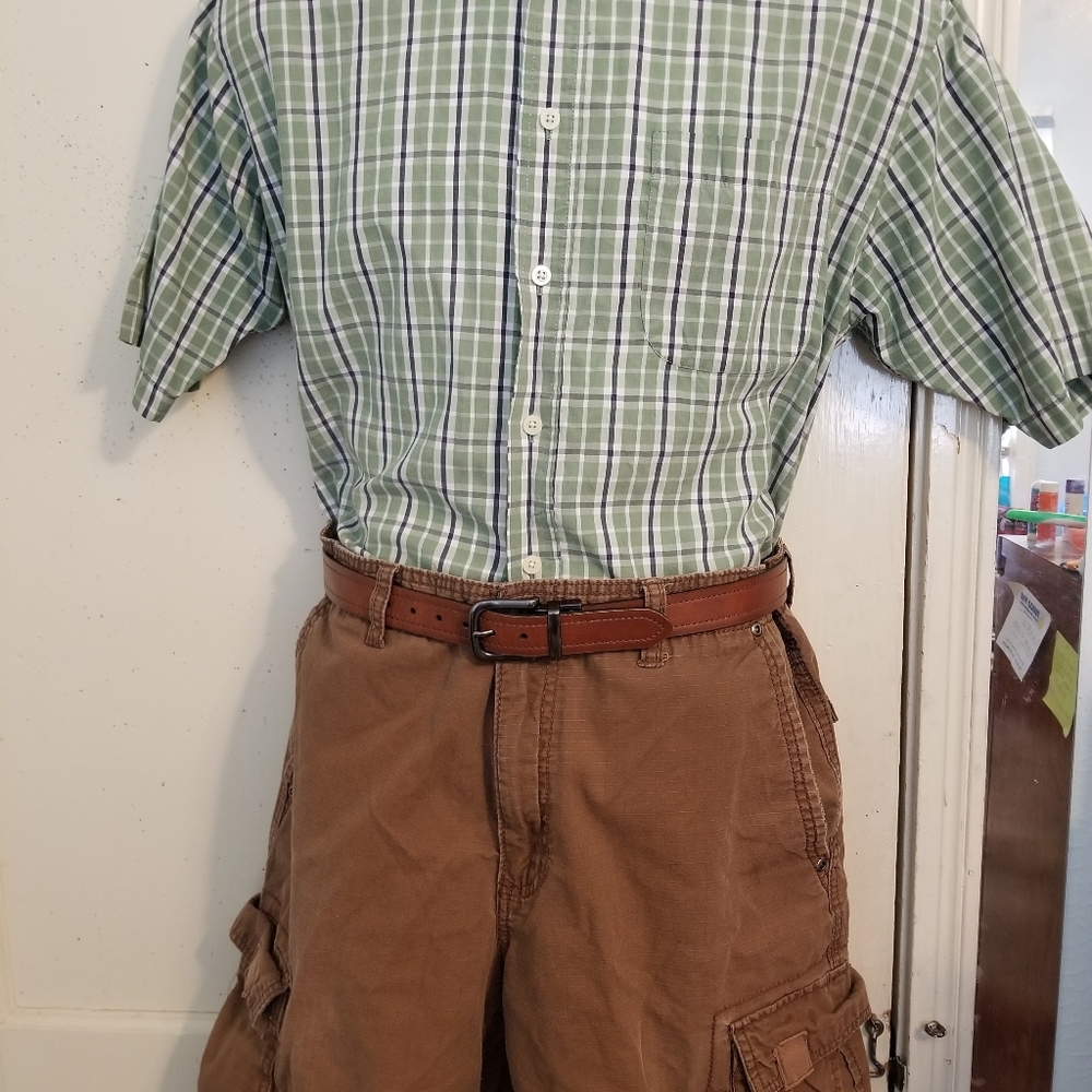 M Green Button-up shirt, 32w Brown shorts, Belt